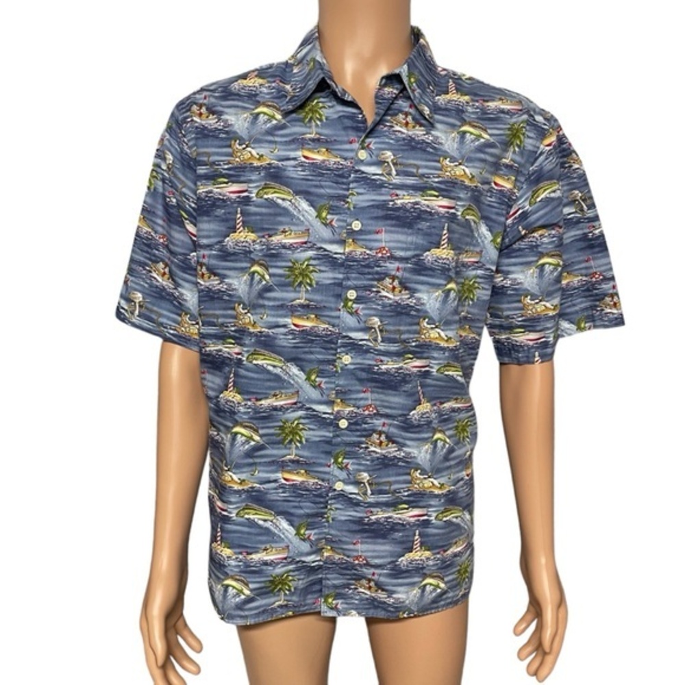 VTG Reyn Spooner Hawaiian Traditionals Blue L Marlin Print Button Up Shirt EUC
